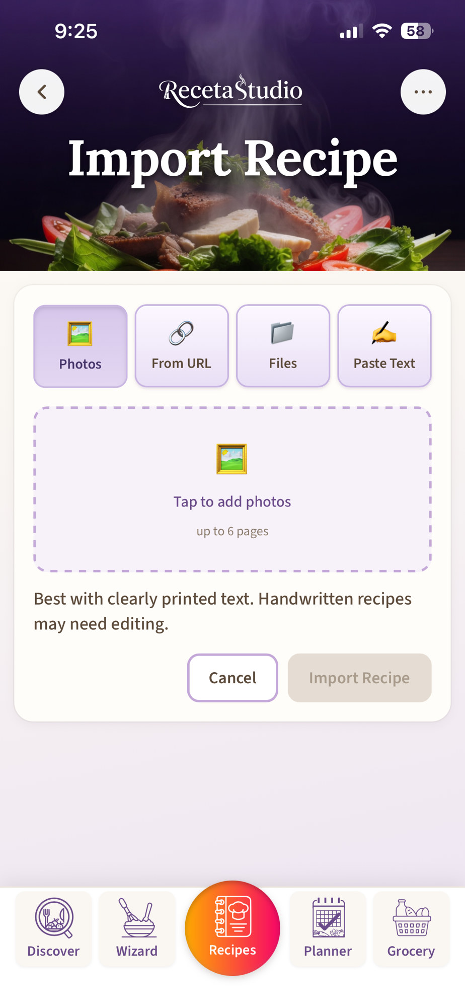 Import Recipe: Photos, From URL, Files, or Paste Text.