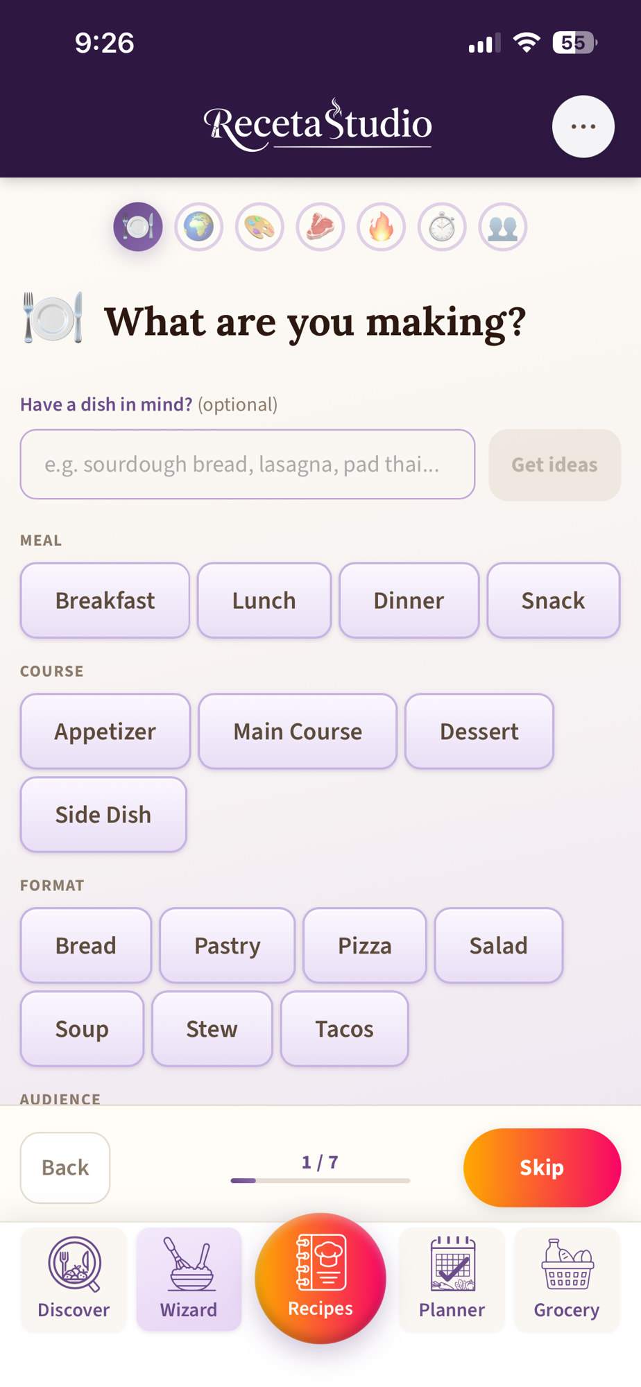 Recipe Wizard: What are you making? Meal, course, and format chips.